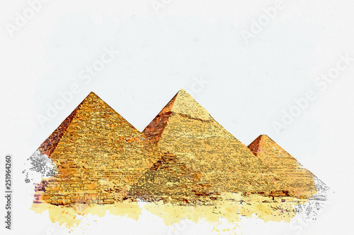 Watercolor sketch or illustration of a beautiful view of the ancient Egyptian pyramids