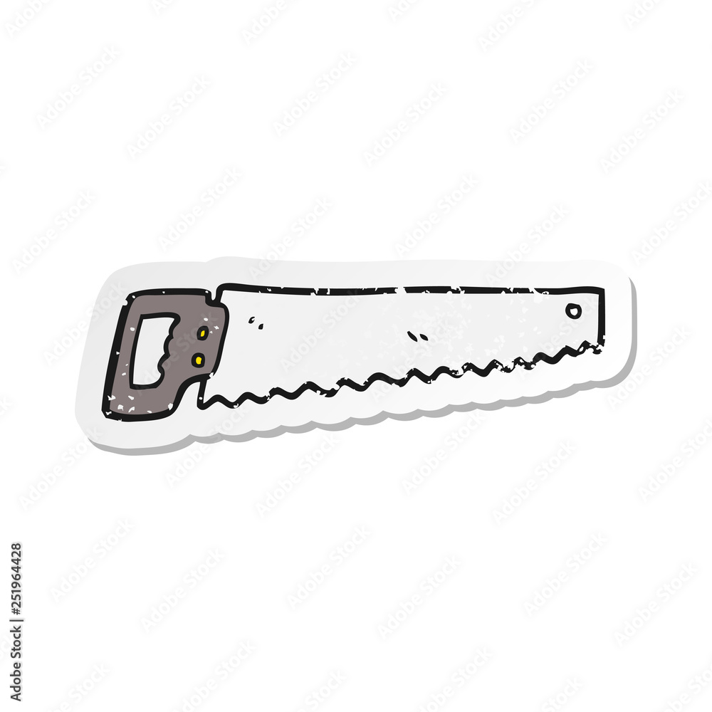 retro distressed sticker of a cartoon saw retro distressed sticker of a cartoon saw