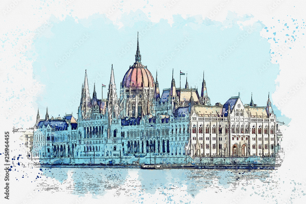 Obraz premium Watercolor sketch or illustration of a beautiful view of the Hungarian Parliament building in Budapest in Hungary. Traditional European architecture