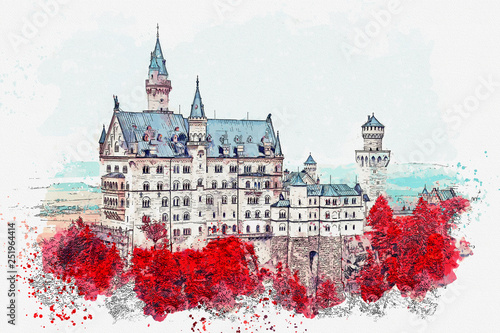 Watercolor sketch or an illustration of a beautiful view of the ancient castle Neuschwanstein in Germany photo