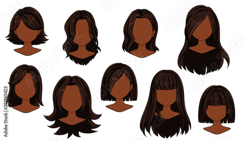 Beautiful hairstyle woman modern fashion for assortment. Ombre long, short hair, curly hair salon hairstyles and trendy haircut vector icon set isolated on white background. Hand drawn illustration.