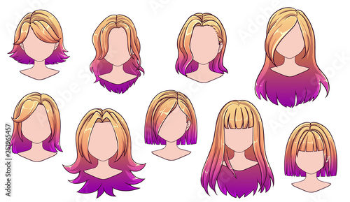 Beautiful hairstyle woman modern fashion for assortment. Ombre long, short hair, curly hair salon hairstyles and trendy haircut vector icon set isolated on white background. Hand drawn illustration.