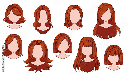 Beautiful hairstyle woman modern fashion for assortment. Ombre long, short hair, curly hair salon hairstyles and trendy haircut vector icon set isolated on white background. Hand drawn illustration.