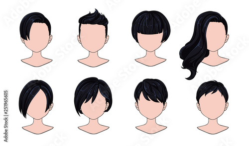 Beautiful hairstyle woman modern fashion for assortment. Blue short hair, curly hair salon hairstyles and trendy haircut vector icon set isolated on white background. Hand drawn illustration.
