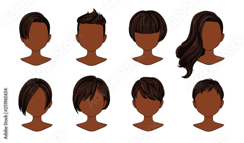Beautiful hairstyle woman modern fashion for assortment. Blue short hair, curly hair salon hairstyles and trendy haircut vector icon set isolated on white background. Hand drawn illustration.