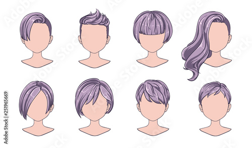 Beautiful hairstyle woman modern fashion for assortment. Blue short hair, curly hair salon hairstyles and trendy haircut vector icon set isolated on white background. Hand drawn illustration.