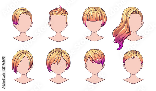 Beautiful hairstyle woman modern fashion for assortment. Blue short hair, curly hair salon hairstyles and trendy haircut vector icon set isolated on white background. Hand drawn illustration.