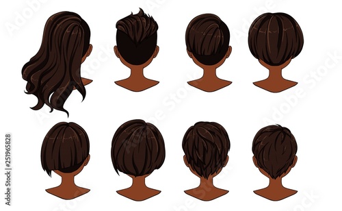 Beautiful hairstyle of woman hair. Rear view. modern fashion for assortment. long hair, short red hair salon hairstyles and trendy haircut vector icon set isolated on white background.