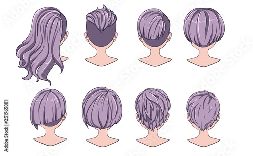 Beautiful hairstyle of woman hair. Rear view. modern fashion for assortment. long hair, short red hair salon hairstyles and trendy haircut vector icon set isolated on white background.