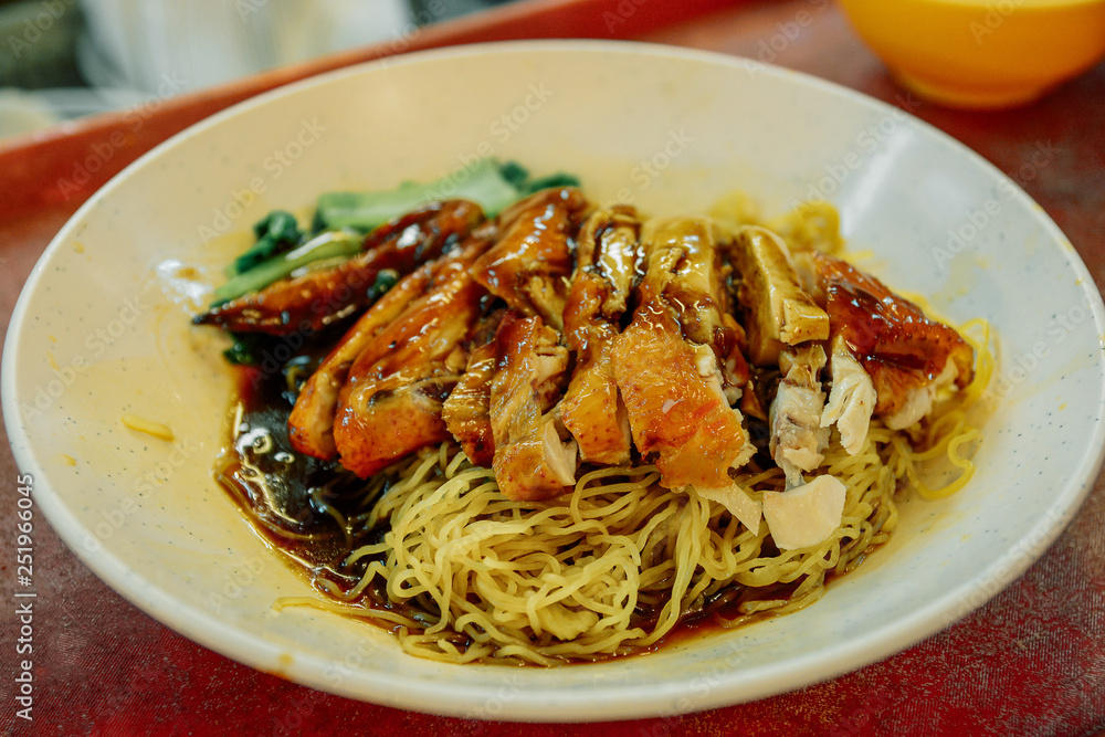 Dried Won Ton noodles with roasted BBQ chicken, Wan tan mee , Chinese cuisine