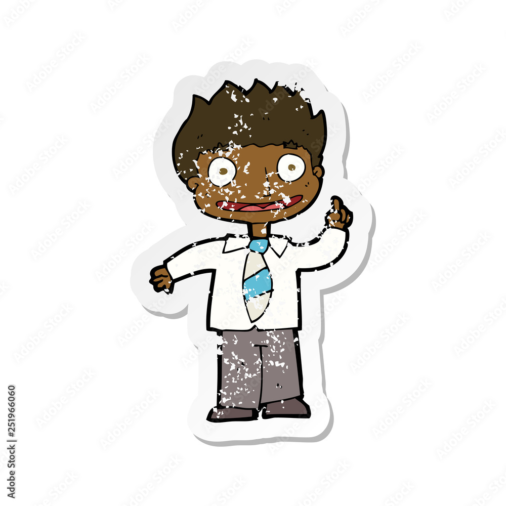 retro distressed sticker of a cartoon man with idea retro distressed sticker of a cartoon man with idea