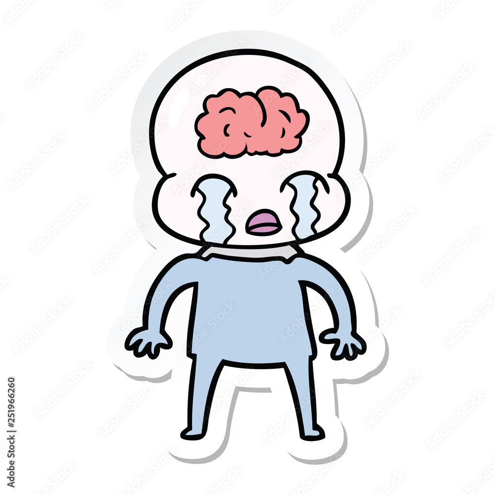 sticker of a cartoon big brain alien crying sticker of a cartoon big brain alien crying