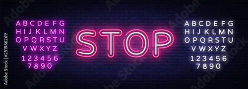 Stop neon text vector design template. Stop neon logo, light banner design element colorful modern design trend, night bright advertising, bright sign. Vector. Editing text neon sign