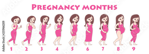 Infographics girls pregnancy by month.Many young girls are standing one behind other, concept of stages of pregnancy, Pregnant female with doctor. Paperboard to present. infographic.