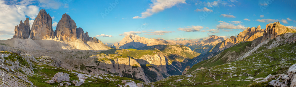 Panorama of Famous Tre Cime di Lavaredo, Dolomites Alps, Italy, Europe