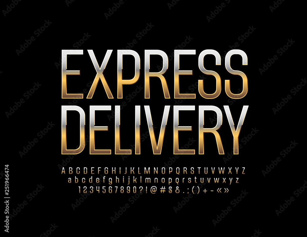 Vector luxury logo Express Delivery with Golden Alphabet Letters, Numbers and Symbol. Chic Font for Business, Marketing, Promotion Vector luxury logo Express Delivery with Golden Alphabet Letters, Numbers and Symbol. Chic Font for Business, Marketing, Promotion