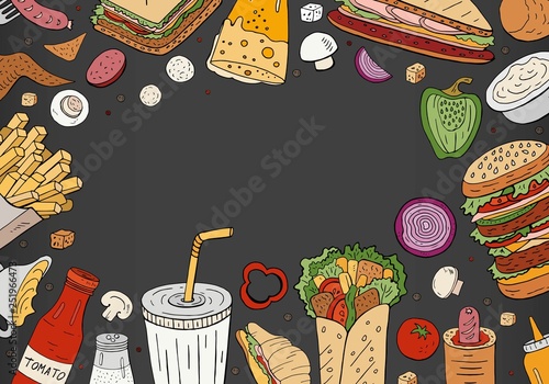 Vector fast food background, top view on black background with space for text. Hand drawn fast food collection