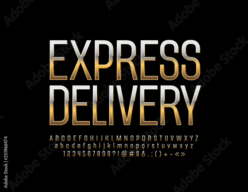 Vector luxury logo Express Delivery with Golden Alphabet Letters, Numbers and Symbol. Chic Font for Business, Marketing, Promotion