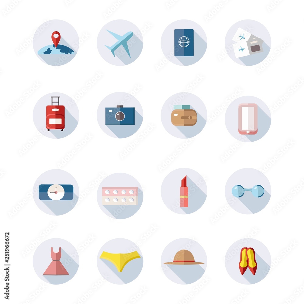 Collection of vector travel icons. Girl in travel, womens travel icons