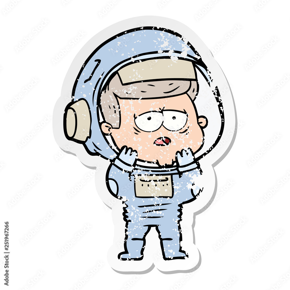 distressed sticker of a cartoon tired astronaut distressed sticker of a cartoon tired astronaut
