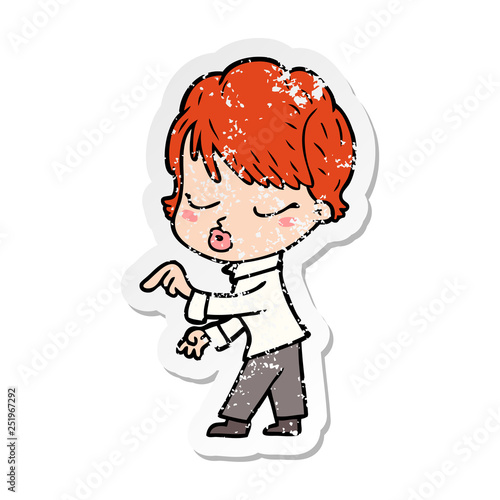 distressed sticker of a cartoon woman with eyes shut