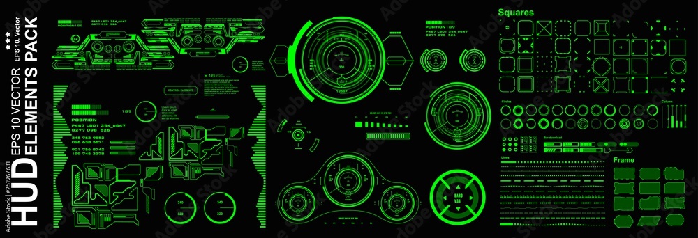 HUD elements mega set pack. Dashboard green display virtual reality technology screen.