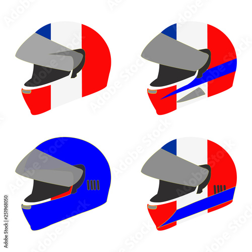 Set of four motorcycle helmets in red, white and blue