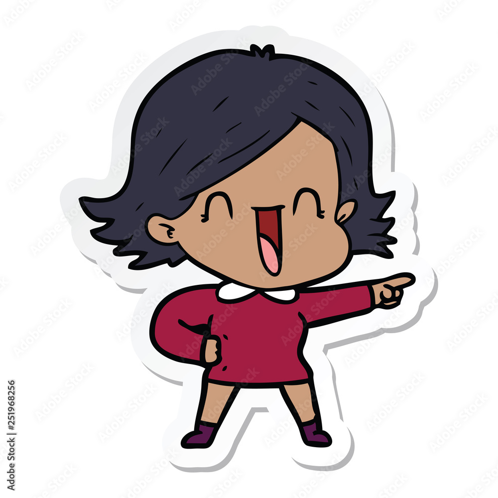 sticker of a cartoon laughing woman pointing sticker of a cartoon laughing woman pointing