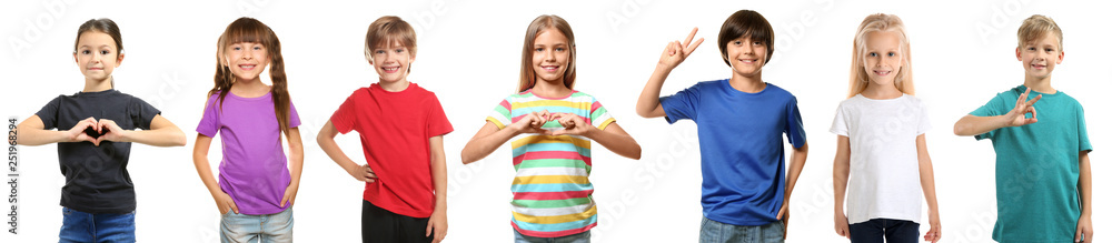 Cute children in different t-shirts on white background Cute children in different t-shirts on white background