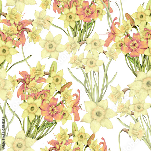 Seamless pattern of hand drawn daffodils