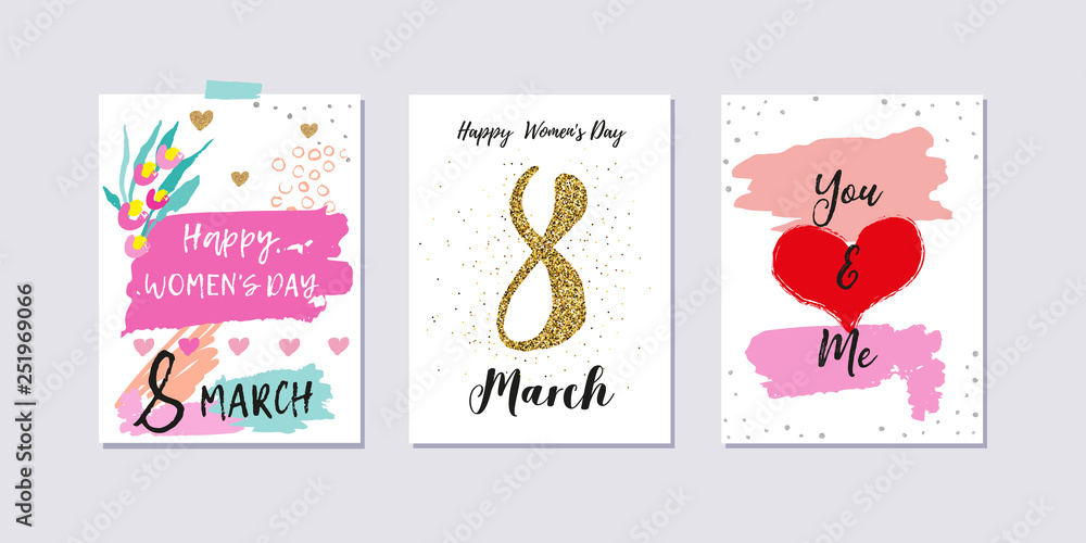 Happy women's day. Set of poscards for 8 march with greeting tags. Collection of International Women's day greeting card. Brush lettering. Simple hand drawn elements, flowers, hearts. Golden number 8.