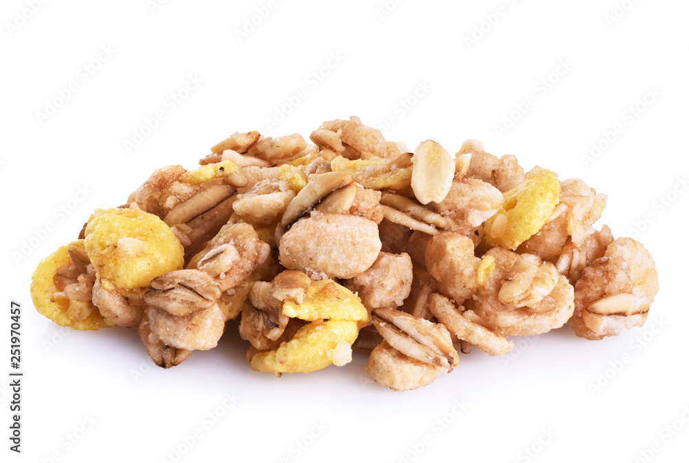 Oat granola cereal isolated on white background.