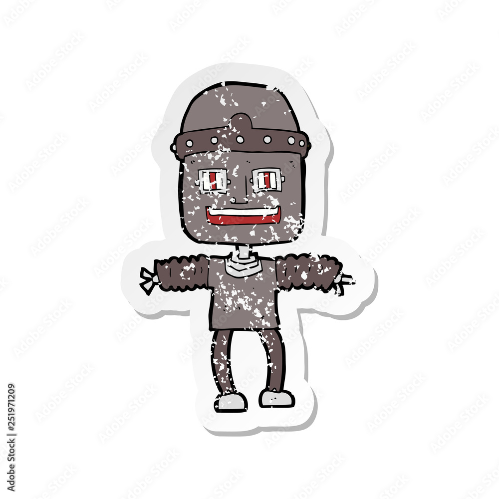 retro distressed sticker of a cartoon robot retro distressed sticker of a cartoon robot