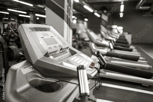 Modern equipment in new gym indoors