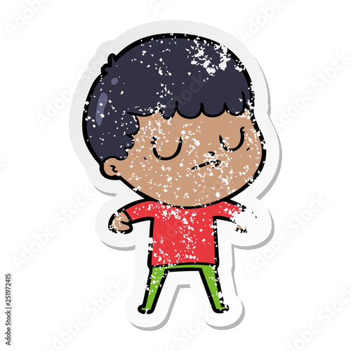 distressed sticker of a cartoon grumpy boy