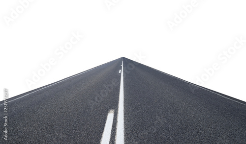 Infinity center straight perspective asphalt road isolated on white background with clipping path.