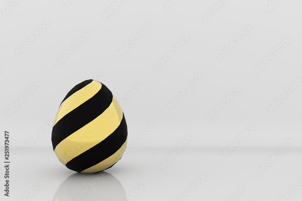 Golden egg in black stripes pattern on grey studio background 3d render happy easter card