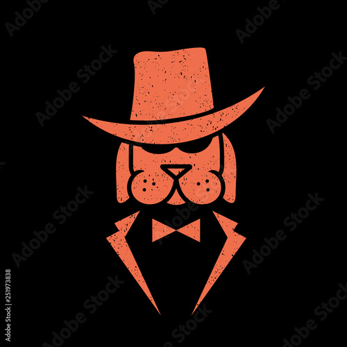 rustic grunge dog with mafia suit logo icon vector template