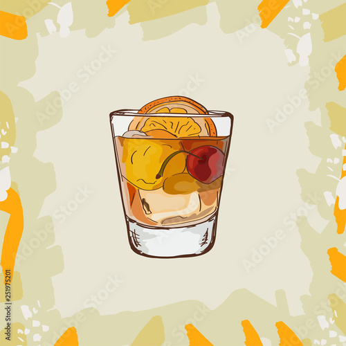 Old Fashioned cocktail illustration. Alcoholic classic bar drink hand drawn vector. Pop art