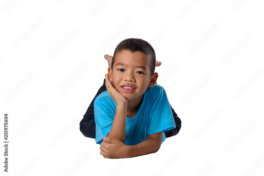 happy asian children lying on floor isolated white background happy asian children lying on floor isolated white background