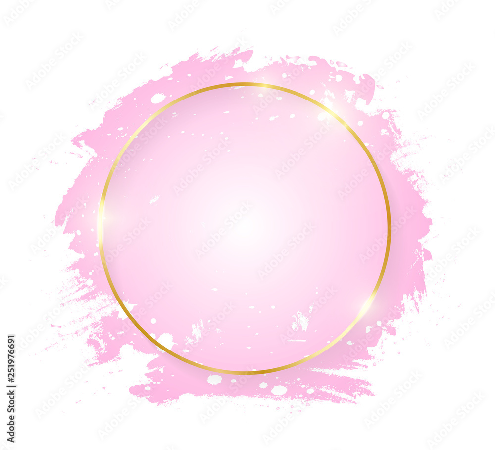 Vecteur Stock Gold shiny glowing round frame with pink brush strokes ...