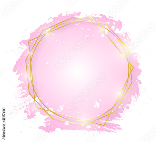 Gold shiny glowing art frame with pink brush strokes isolated on white background. Golden line border for invitation, card, sale, fashion, wedding. Woman, Valentine or mother day concept. Vector