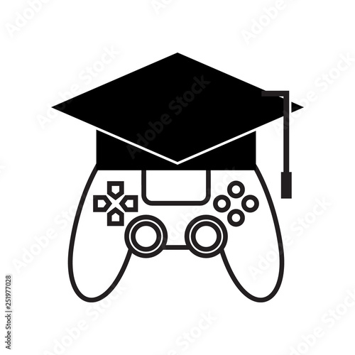game joystick controller with graduation hat logo icon vector template
