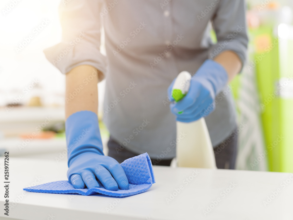 Woman cleaning with a spray detergent