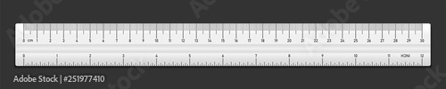 Realistic plastic white tape ruler isolated on black background. Double sided measurement in cm and inches. Vector illustration