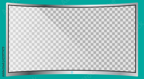 Realistic modern curved 4k TV monitor isolated on cyan background. Empty transparent screen template mockup. Blank copy space on PC screen. Vector illustration