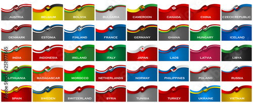 Big pack of 40 world country sport style flag classic ribbons isolated on white background. Vector Illustration