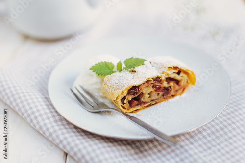 Apple strudel with ice cream