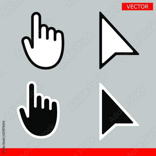 Black and white arrow no pixel and mouse hand cursors icon vector illustration set flat style design isolated on gray background.