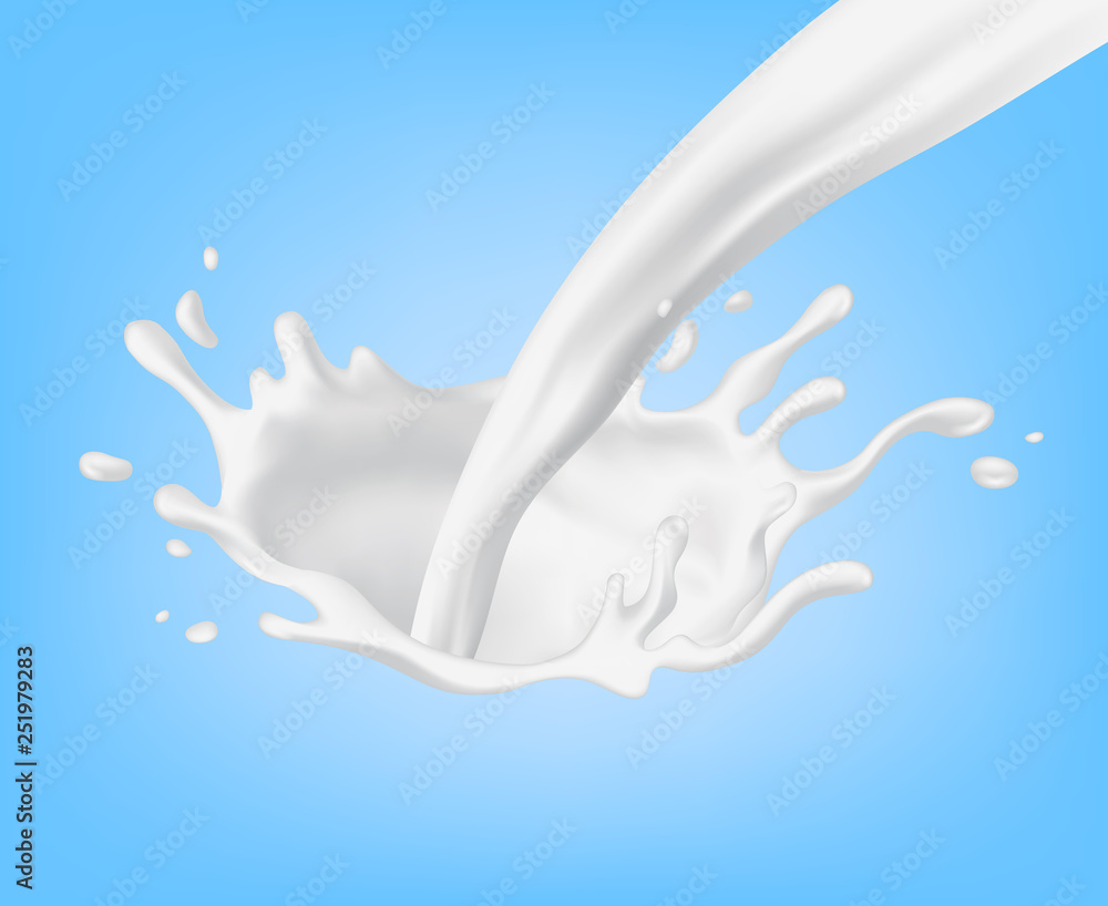 Big milk splash and pouring vector realistic illustration isolated on blue background
